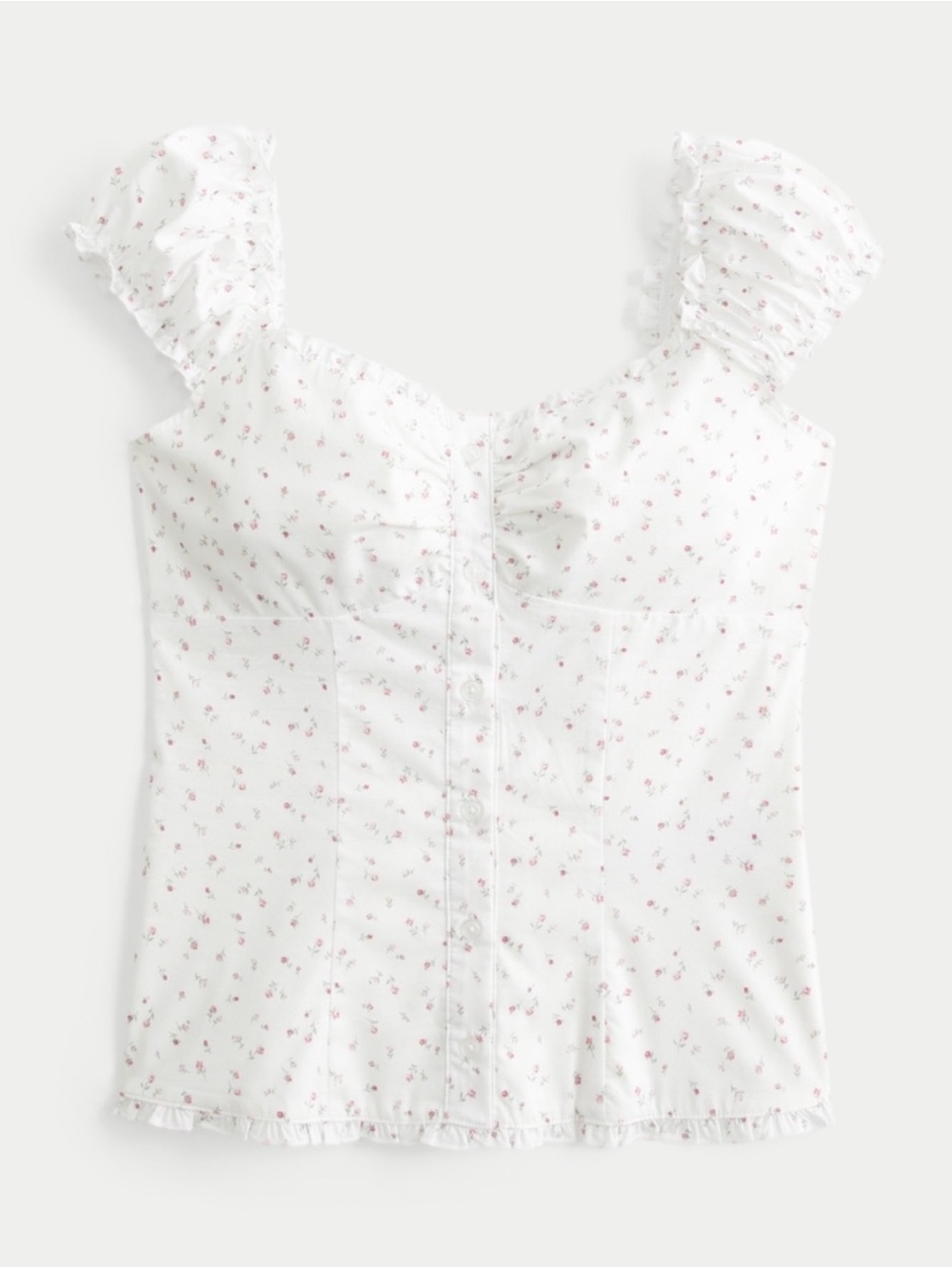Hollister White Floral Button-Front Ruffle Strap Top